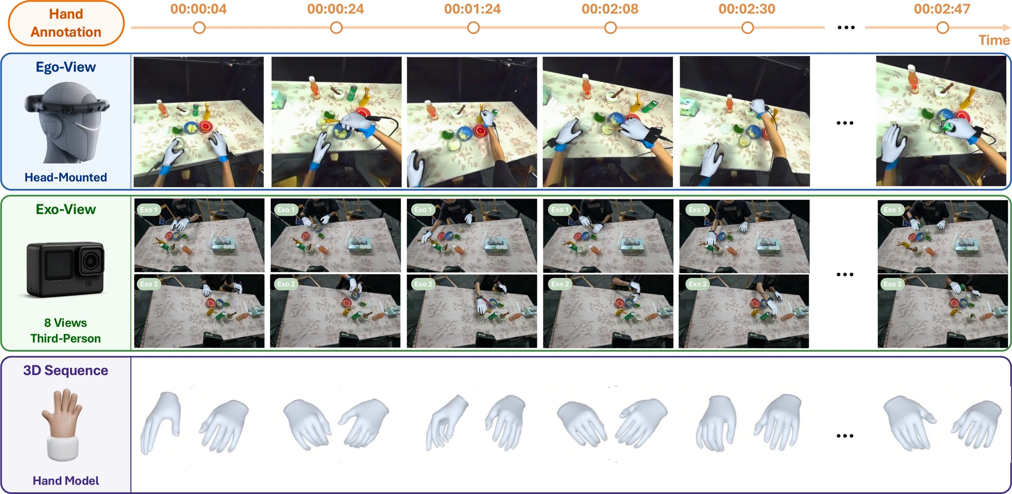 Hand motion annotation example showing hand state across synchronized views and timepoints.