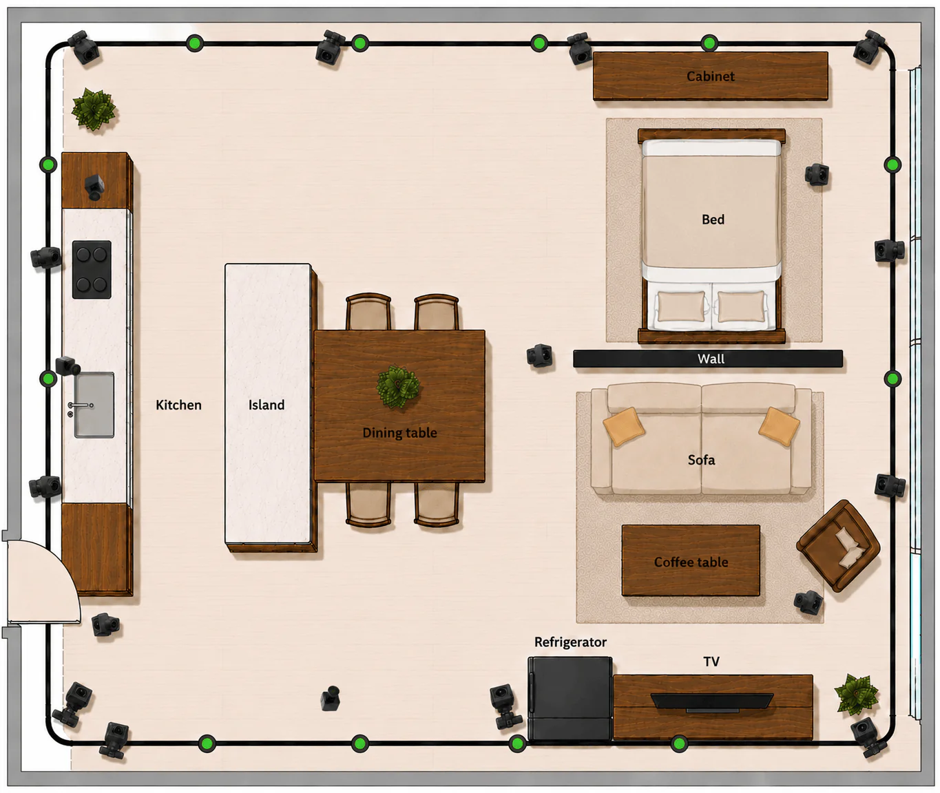 Room-scale capture setup spanning a furnished apartment with camera and motion-capture coverage.